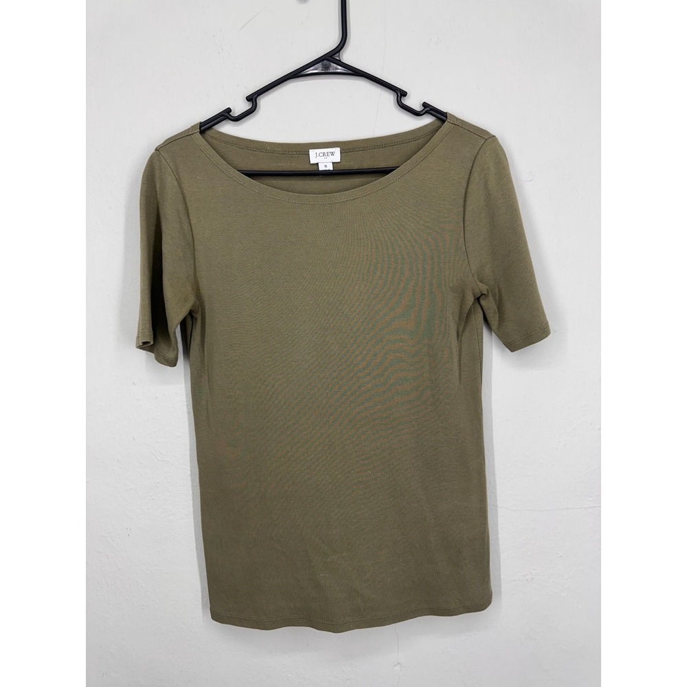 J.CREW Basic Blouse Top SMALL Olive Green Ribbed Knit Ballet Neck Casual Chic